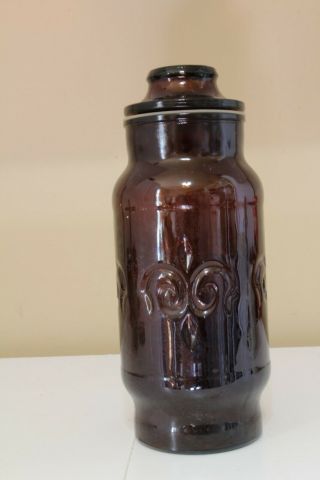 Vintage Amber Brown Glass Apothecary Jar W/ Lid Fleur De Lis Design 9 " T