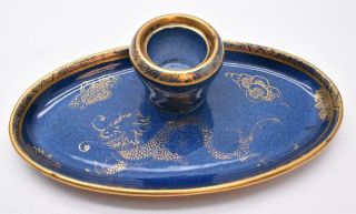 Art Deco Maling Pottery Satsuma Dragon Blue Gilded Inkwell