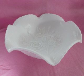 Imperial Vintage Milk Glass Roses And Daisy`s Flat Flared Serving Bowl