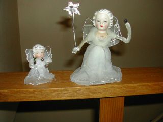 2 Vintage Holt Howard Angel Fairy W/ Wand Christmas Ornaments Ceramic Face Japan