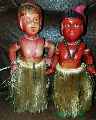 Vintage Set Of 2 Celluloid/tin Wind Up Hawaian Hulu Doll " Go Go Tiki " 9 "
