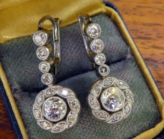 Vintage Palladium Art Deco Antique Diamond Filigree Halo Dangle Drop Earrings