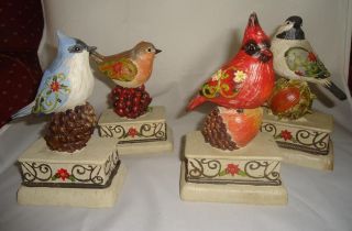 Bird On Pedestal W Nut Robin Chickadee Cardinal Blue Jay Resin 4 Pc Set 7 "