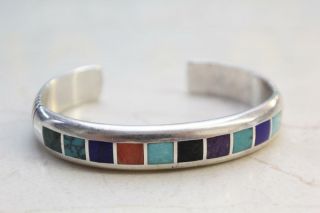 Vintage Navajo Sterling Silver Inlay Cuff Bracelet Signed Teme