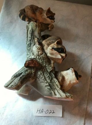 Vintage Homco Porcelain Ceramic Figurines Baby Raccoons On A Tree Very Cute