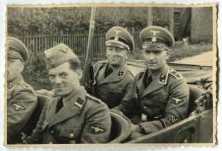 German Wwii Archive Photo: Group Of Officers In Army Vehicle