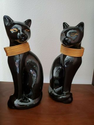 Set Of 2 Vintage Black Cat Ceramic Statue Figurine W/metal Collars Mid Century