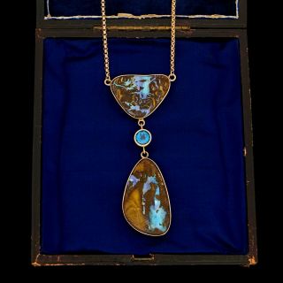 Antique Vintage Deco Retro 14k Gold Australian Black Fire Opal Pendant Necklace