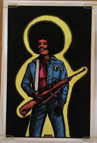 Panther Vintage Blacklight Poster Black Panther 1970s Pin - Up Man Afro Rifle Fist