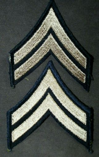Pr Ww2 Wwii U.  S.  Army Corporal Rank Silver Tan Thread On Dk Blue Twill Greenback