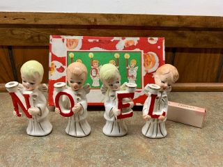 Vintage Angel Boys/girls Noel Candle Holders Set Christmas Japan W/box & Candles