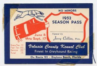 1952 Volusia County Kennel Club Greyhound Dog Racing Season Pass Daytona Beach