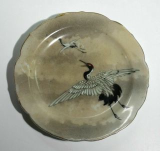 Antique Japanese Late Meiji Period Pin Dish Painted With Crane In Flight.
