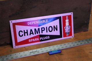 Scarce 1950s Champion Spark Plugs Galvanized Painted Tin Sign Auto Gas Oil Farm