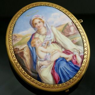 Antique French 18k Gold Enamel Miniature Portrait Brooch Pin Virgin Mary & Child