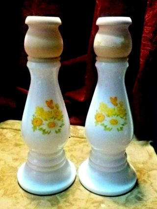 Vtg Milk Glass Taper Candlestick Holders - Perfume Bottles Yellow Flowers Avon