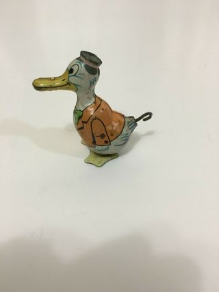 1930s J Chein Duck In Orange Suit Tin Litho Wind - Up Toy -