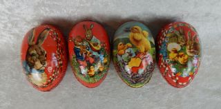 4” Red Papier Paper Mache Germany Egg Candy Containers Rabbits & Chicks 3.  5 "