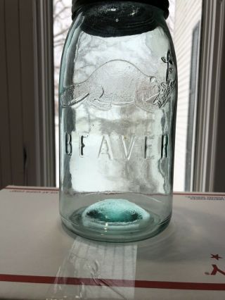Vintage Aqua Green Beaver Imperial Quart Fruit Canning Jar With Lid And Band