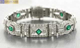 Ladies Vintage Art Deco 18k White Gold 4.  38ctw Diamond Emerald Bracelet