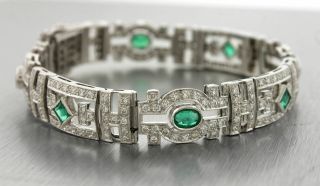 Ladies Vintage Art Deco 18K White Gold 4.  38ctw Diamond Emerald Bracelet 2