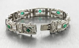 Ladies Vintage Art Deco 18K White Gold 4.  38ctw Diamond Emerald Bracelet 3
