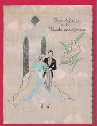 Vintage Art Deco Die Cut Wedding Card Bride & Groom Cut Out Church Window
