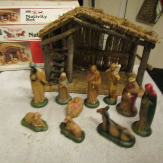 Vintage Sears Trim Shop Christmas Nativity Set Wood Stable Reed Roof 10 Figures