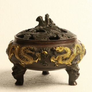 Chinese Copper Gilt Incense Burner Hand Carved Dragon Incense Burner Kt0185