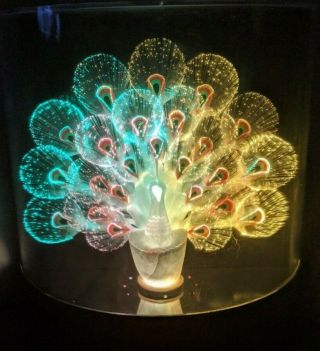 Vintage Fiber - optic Color Changing LARGE Multi Feather Peacock Table Lamp 2