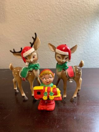 Set Of 2 Vintage Hard Plastic Reindeer Christmas Fawn Deer Figurine 1960 