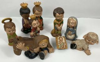 Vintage 1979 Hand Painted Ceramic Nativity Set Childrens Pageant Animal Costumes