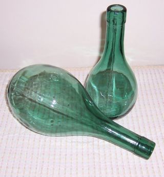 2 Different Green Glass Bottles - 1 Flat Bottom & 1 Rounded - Cork Style Top