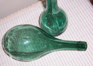 2 Different Green Glass Bottles - 1 Flat Bottom & 1 Rounded - Cork Style Top 2