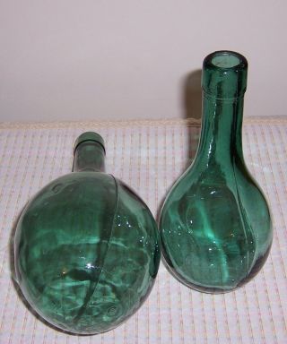 2 Different Green Glass Bottles - 1 Flat Bottom & 1 Rounded - Cork Style Top 3