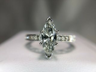Vintage 14k White Gold Marquise Cut Round Diamond Engagement Ring 1.  25 Carat