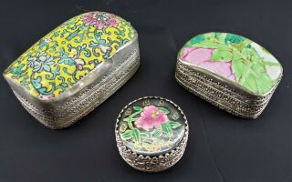 Set Of 3 Ornate Vintage Chinese Silver Porcelain Enameled Shard Trinket Boxes