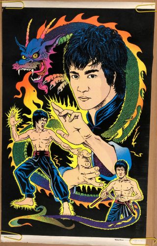 Bruce Lee Vintage Blacklight Poster Kung Fu 1975 Martial Arts Velvet