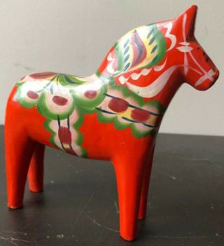 Vintage Swedish Nils Olsson Hand Painted Carved Red Dala Horse 5 1/4” Tall