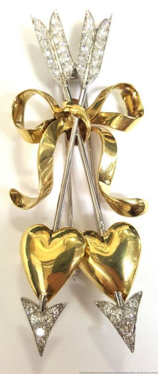 1.  5ctw Fine Diamond Platinum 18k Gold Vintage Hearts Arrows Ribbon Brooch Clip