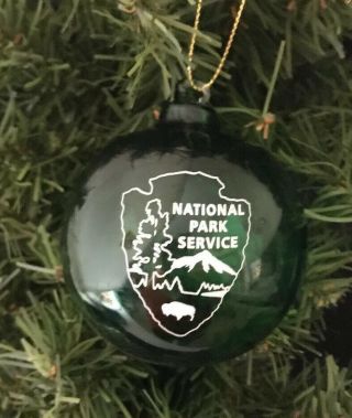 National Park Service Nps Hand Blown Round Green Glass Christmas Ornament