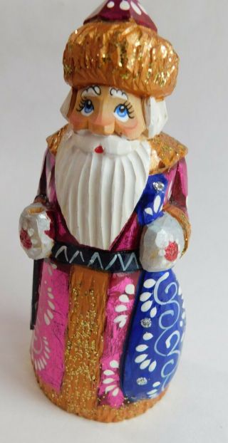 Russian Santa Hand Carved Painted Wood Christmas Figurine Signed 4 3/4 "