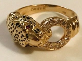 Vintage Panthere Leopard Cartier Enamel Head Diamond Ruby 18k Yellow Gold Ring