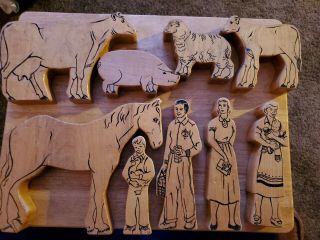 9 Pc Vintage Wood Block Figures Playset Animals,  People