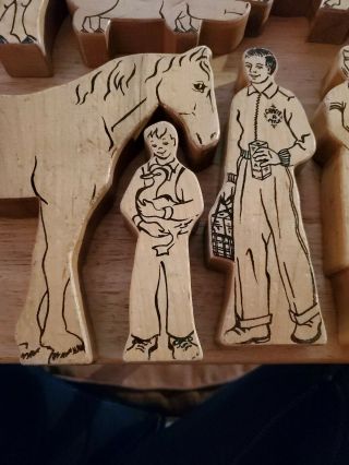 9 pc Vintage Wood Block Figures playset animals,  people 3