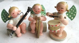 3pc Vintage Erzgebirge Wood Angel Band Set Drum Bassoon Harp