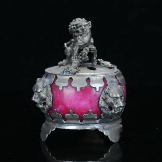 Chinese Tibet - Silver Inlaid Jade Handwork Lion Incense Burner