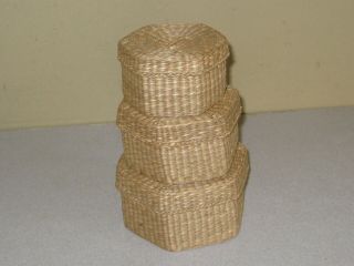 3 Tightly Woven Sweetgrass Baskets With Lids.  5 ".  4 ".  3.  5 ".  Hexagon Shape