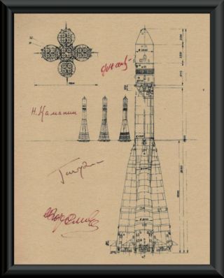 Garagin 1st Man In Space Autograph Reprints Vostok 1 Diagram On Old Paper P046