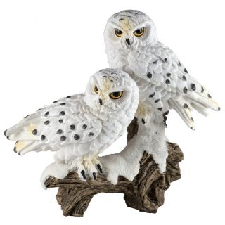 White Snowy Owls On Branch Figurine 5.  5 " High Resin